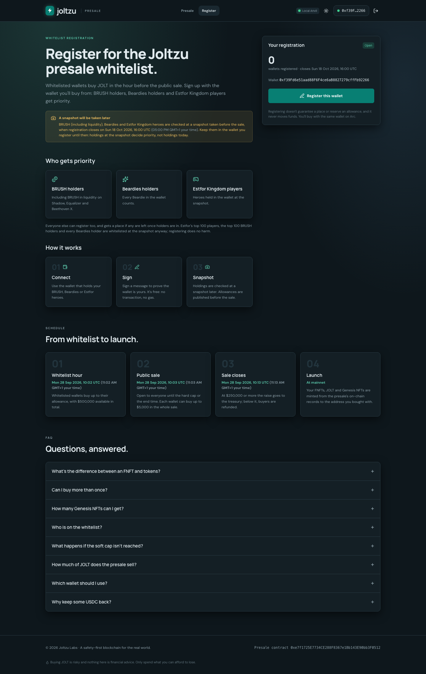 Whitelist registration page explaining the snapshot and wallet message signature