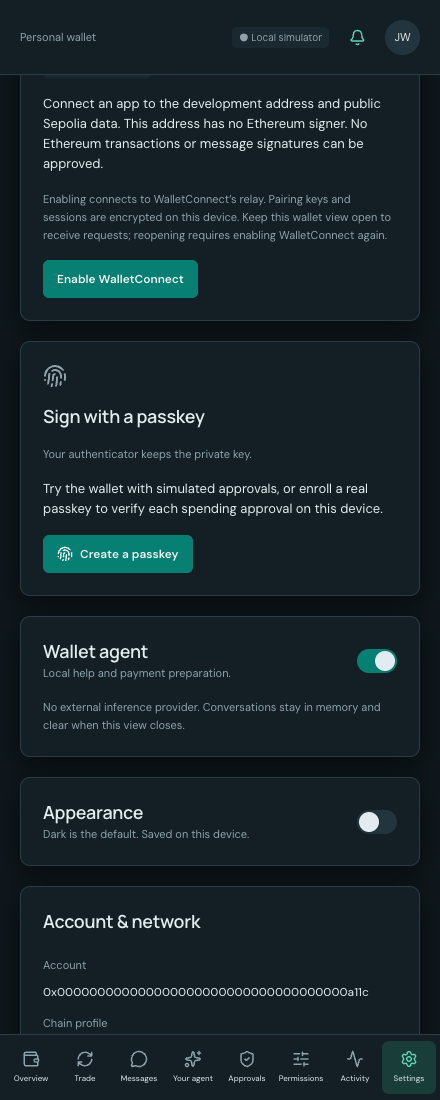 Extension settings showing passkey enrollment, local assistant and watch-only WalletConnect
