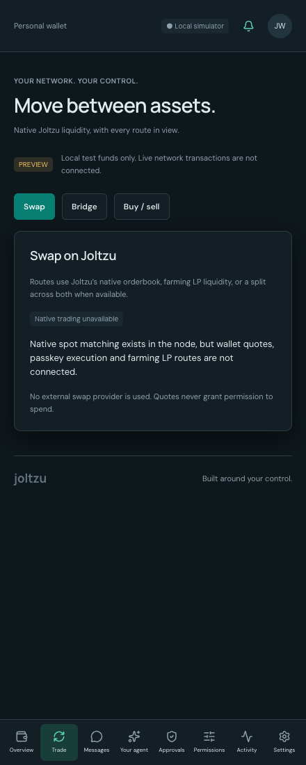 Joltzu extension Trade screen stating that native trading is not connected